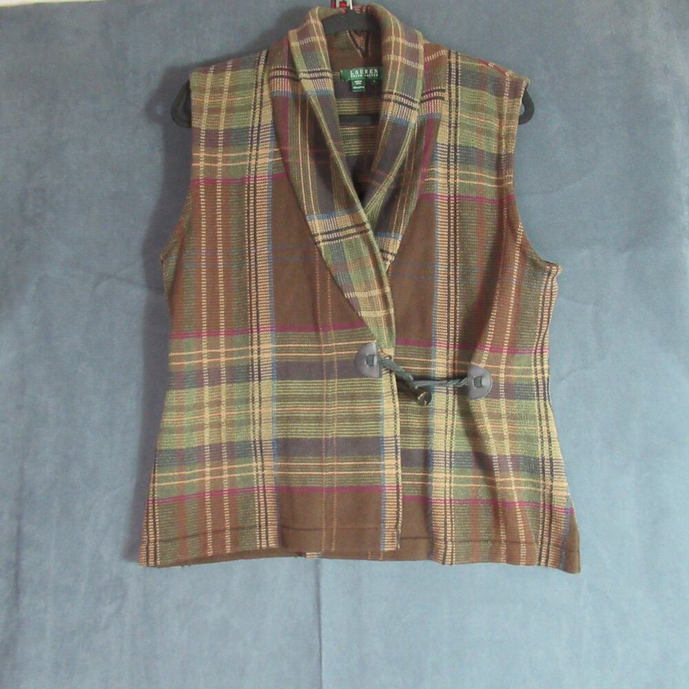 Lauren Ralph Lauren Sweater Vest Large Brown Plaid Knit Academia Western Indy